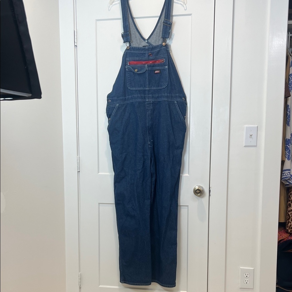 Dickies Blue Denim overalls with Red Label size large.